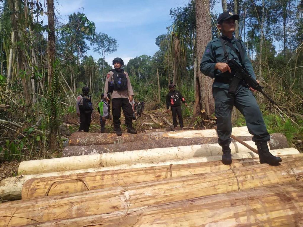 Law enforcement officers found illegal wood in a state forest on the Jambi and South Sumatra border, Sunday (6/9/2020).