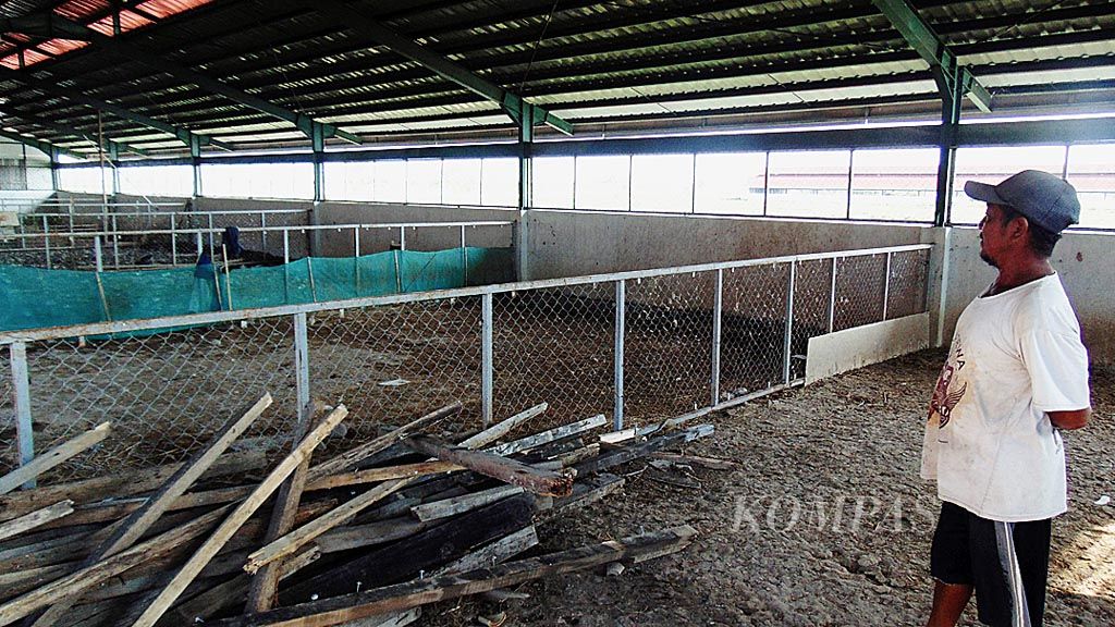 Heriyanto menunjukkan kandang itik yang kosong di daerah Limbangan, Kabupaten Brebes, Jawa Tengah, Minggu (4/3). Peternak terpaksa menjual itik karena anjloknya produksi telur itik hingga 50 persen akibat banjir dua pekan lalu. Sementara biaya pakan ternak tetap tinggi.