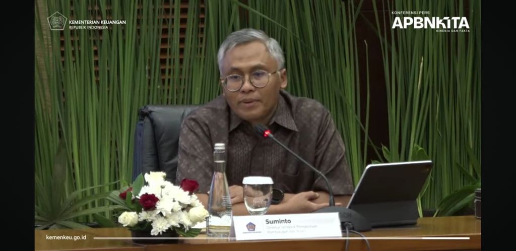 Direktur Jenderal Pengelolaan Pembiayaan dan Risiko Kementerian Keuangan Suminto dalam konferensi pers APBN Kita, Jumat (26/4/2024).