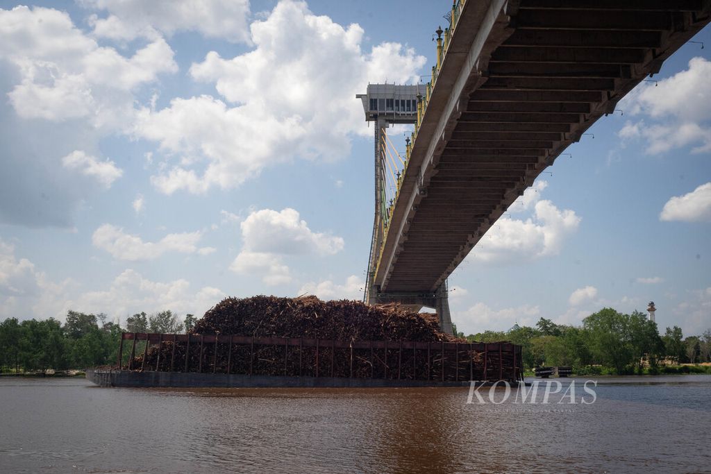 Tongkang pengangkut kayu untuk bahan baku kertas melintas di bawah Jembatan Tengku Agung Sultanah Latifah, Kabupaten Siak, Riau, Senin (7/8/2023).