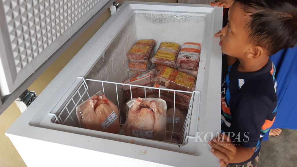 Seorang anak sedang melihat isi kulkas daging ayam beku dari salah satu toko sembako di Jalan Rajawali, Kota Palangkaraya, Kalimantan Tengah, Selasa (4/12/2018). Daging beku mulai dijual untuk merangsang harga daging ayam segar yang merangkak naik.