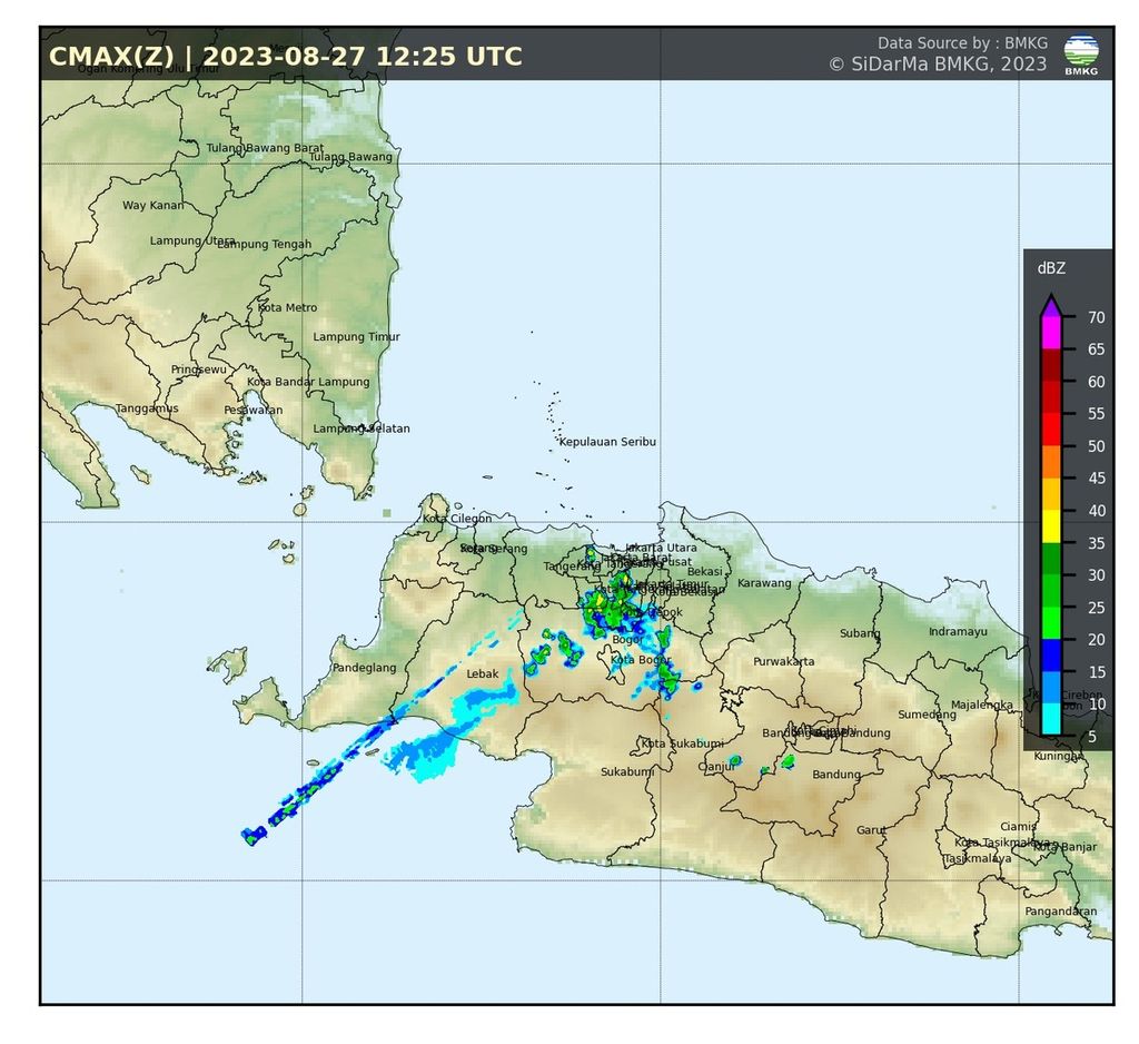 Data radar pemantauan cuaca menunjukkan pergerakan awan hujan setelah dilakukan operasi teknologi modifikasi cuaca pada Minggu (27/8/2023). Sejumlah wilayah di Jabodetabek mulai hujan pada sore hingga malam hari.