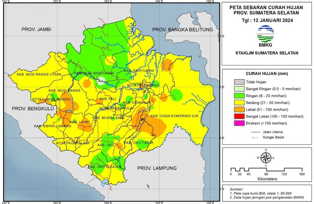 Peta Curah Hujan Periode 1991-2020 di Sumatera Selatan per Jumat (12/1/2024). Puncak curah hujan di Sumsel biasanya terjadi pada Desember dan Januari. Hal itu bisa memicu banjir dan longsor di lokasi berdrainase buruk dan daya dukung lingkungan menurun serta akibat ditambah faktor pasang surut laut.