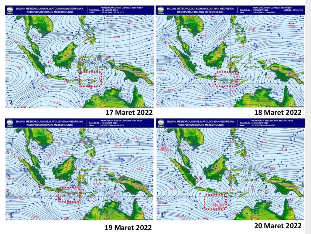 Pergerakan pusat tekanan rendah (huruf C) di atas wilayah Nusa Tenggara pada 17-20 Maret 2022 berdasar prakiraan Badan Meteorologi, Klimatologi, dan Geofisika. Pada Kamis (17/3/2022), pusat tekanan awan rendah yang menjadi pusat pertumbuhan awan hujan itu ada di ujung timur Pulau Flores, Nusa Tenggara Timur. Namun, pada Sabtu (19/3/2022) dan Minggu (20/3/2022), pusat tekanan rendah itu sudah berada di selatan Pulau Lombok, Nusa Tenggara Barat.