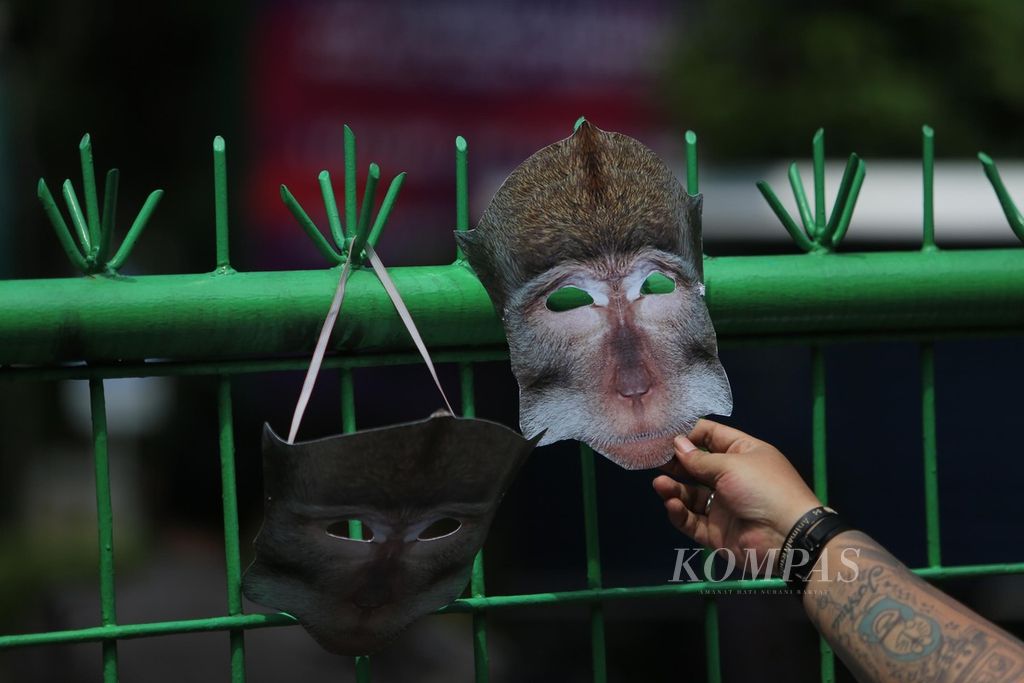 Aktivis Koalisi Animal Friends Jogja dan Aksi Peduli Monyet meletakkan topeng monyet ekor panjang di pagar setelah menggelar aksi damai di depan Kementerian Lingkungan Hidup dan Kehutanan, Jakarta, Senin (23/5/2022).