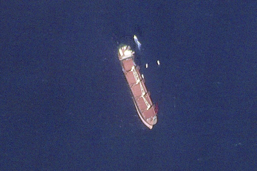 In the satellite photo taken by Planet Labs PBC, a Belize-flagged cargo ship, Rubymar, can be seen in the Red Sea, on February 28, 2024.