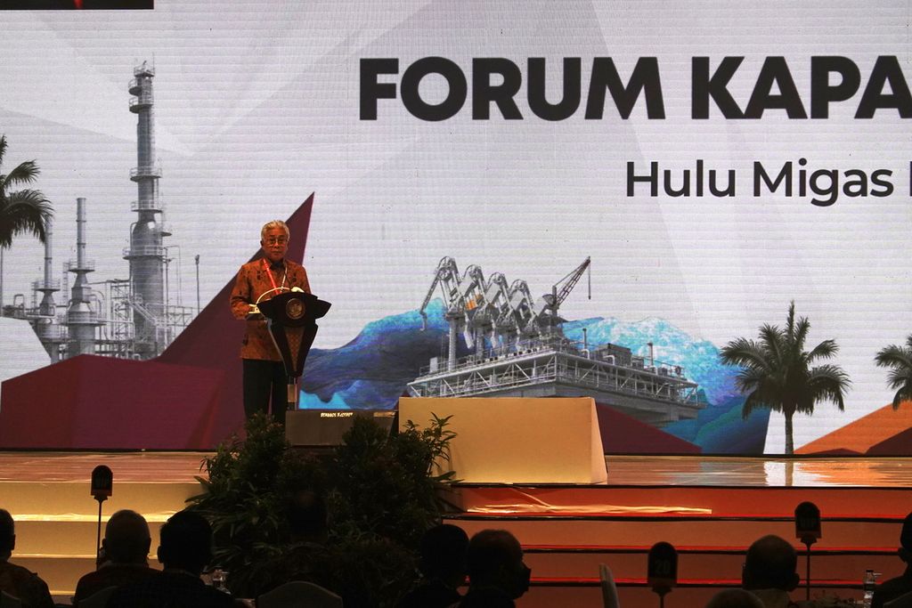 Kepala SKK Migas Dwi Soetjipto ketika memberikan sambutan dalam Pembukaan Forum Kapasitas Nasional II Tahun 2022, di Plenary Hall Jakarta Convention Center,, Jakarta Pusat, Rabu (27/07/2022).