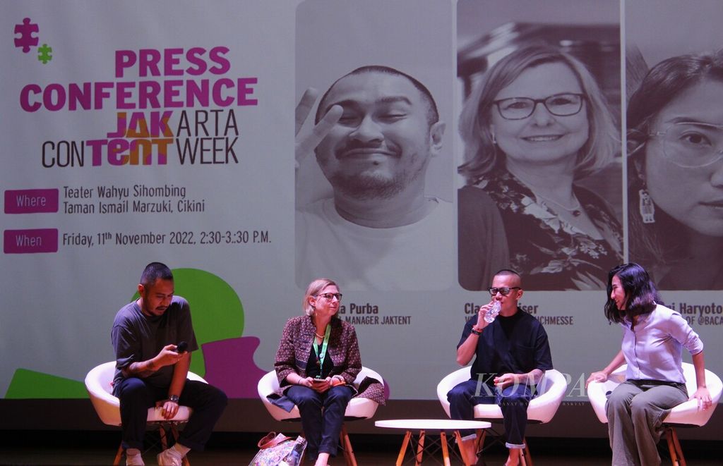 Suasana konferensi pers Jakarta Content Week (Jaktent) 2022 di Teater Wahyu Sihombing, Taman Ismail Marzuki, Jakarta Pusat, Jumat (11/11/2022).