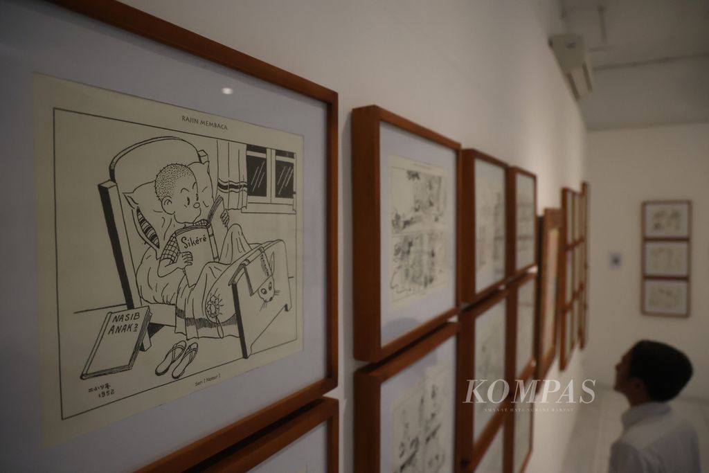 Salah satu kartun yang ditampilkan dalam Pameran Gambar Lelucon Goei Kwat Siong: Erica Bercanda Bersama Si A Piao di Bentara Budaya Yogyakarta, Kotabaru, Yogyakarta, Rabu (22/2/2023). 