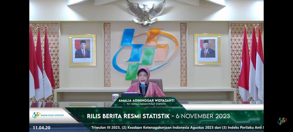 Pelaksana Tugas Kepala Badan Pusat Statistik Amalia Adininggar Widyasanti memberikan keterangan pertumbuhan ekonomi Indonesia pada kuartal III-2023 sebesar 4,94 persen, secara virtual, Senin (6/11/2023).