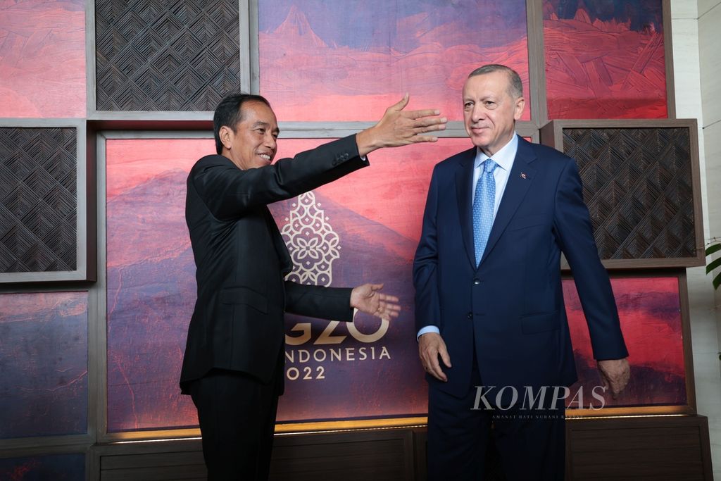 Presiden Joko Widodo bertemu secara bilateral dengan Presiden Turki Recep Tayyip Erdogan di sela-sela Konferensi Tingkat Tinggi G20 di Nusa Dua, Bali, Senin (14/11/2022). 
