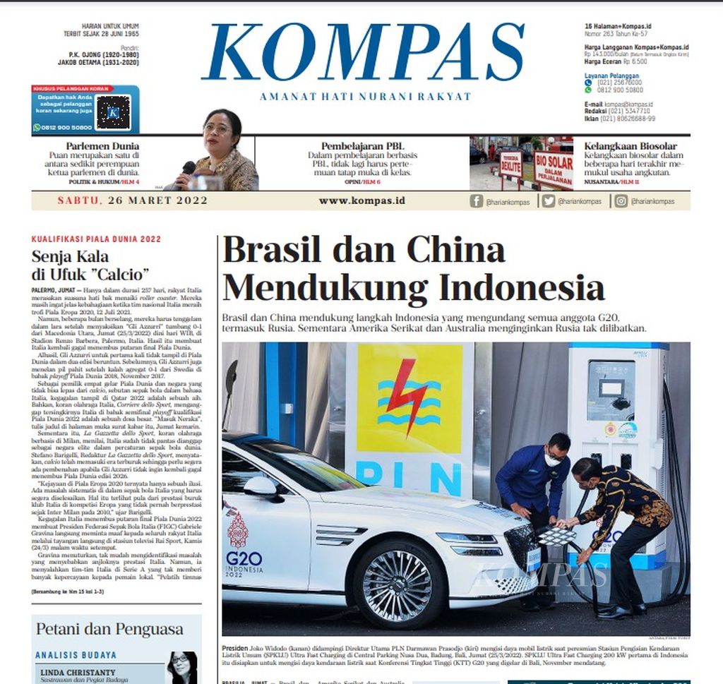 Cuplikan halaman utama Kompas 26 Maret 2022 yang menunjukkan foto Presiden Joko Widodo menjajal SPKLU Ultra Fast Charging 200 kW di ITDC, Nusa Dua Bali.