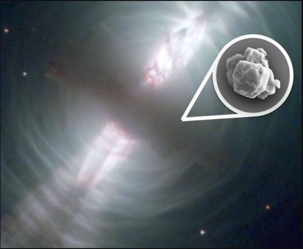 Beberapa bulir debu antariksa yang ada di meteorit Murchison (inset) bisa berasal dari materi bintang yang mati, meledak dan melemparkan materinya ke ruang antarbintang seperti di Nebula Telur.
