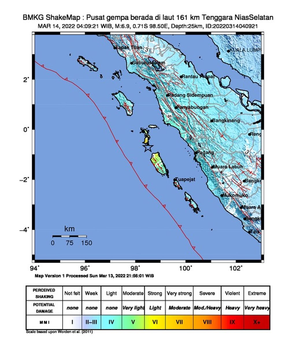 Peta gempa M 6,9 di Nias Selatan, Sumatera Utara, Senin (14/3/2022).