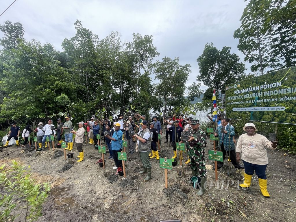Penanaman mangrove dalam memperingati Hari Lahan Basah di kawasan Teluk Youtefa, Jayapura, Papua, Rabu (7/2/2024). Mama Nela turut terlibat dalam kegiatan ini.