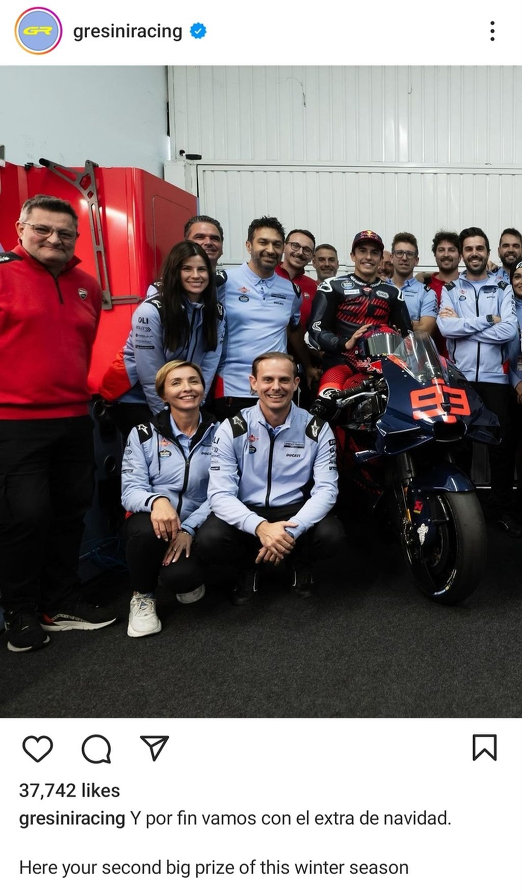 Tangkapan layar akun Instagram tim Gresini Racing yang mengunggah pertama kali Marc Marquez dan timnya untuk MotoGP 2024 pada Senin (1/1/2024).