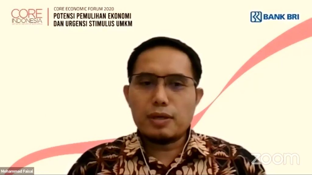 Tangkapan layar Direktur Eksekutif Center of Reform on Economics (Core) Indonesia Mohammad Faisal pada Core Economic Forum 2020 bertajuk Potensi Pemulihan Ekonomi dan Urgensi Stimulus UMKM, 17 September 2020, beberapa waktu lalu.