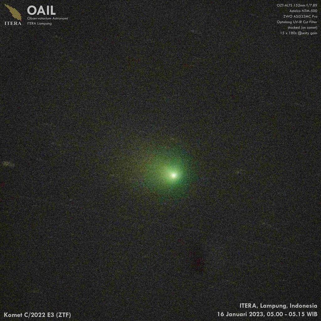 Citra komet C/2022 E3 (ZTF) berhasil diabadaikan oleh astronom Observatorium Astronomi Institut Teknologi Sumatera Lampung (OAIL) pada 16 Januari 2023 antara pukul 05.00 dan pukul 05.15 WIB. Komet ini akan mencapai titik terdekatnya dengan Bumi pada 2 Februari 2023 dini hari. Komet ini diprediksi terakhir kali mengunjungi Bumi setidaknya lebih dari 50.000 tahun yang lalu.