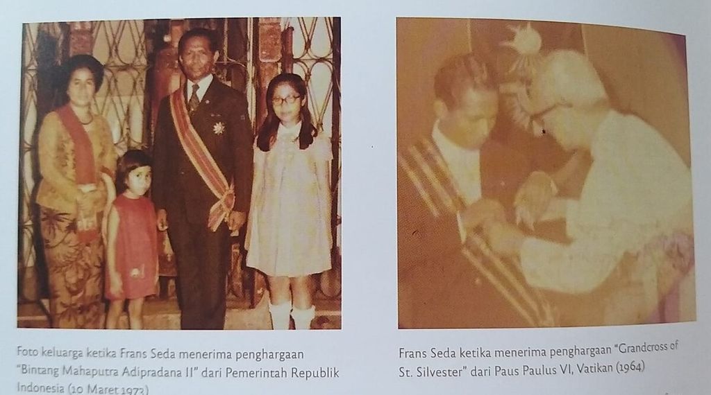 Foto Frans Seda menerima penghargaan "Bintang Mahaputra Adipradana II" dari Pemerintah Republik Indonesia (foto kiri), dan menerima penghargaan "Grandcross of St. Silvester" dari Paus Paulus VI, Vatikan (foto kanan). 