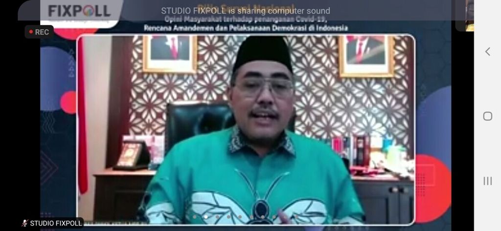 Wakil Ketua MPR dari Fraksi PKB Jazilul Fawaid saat menjadi penanggap dalam pemaparan survei nasional Foxpoll, Senin (23/8/2021).