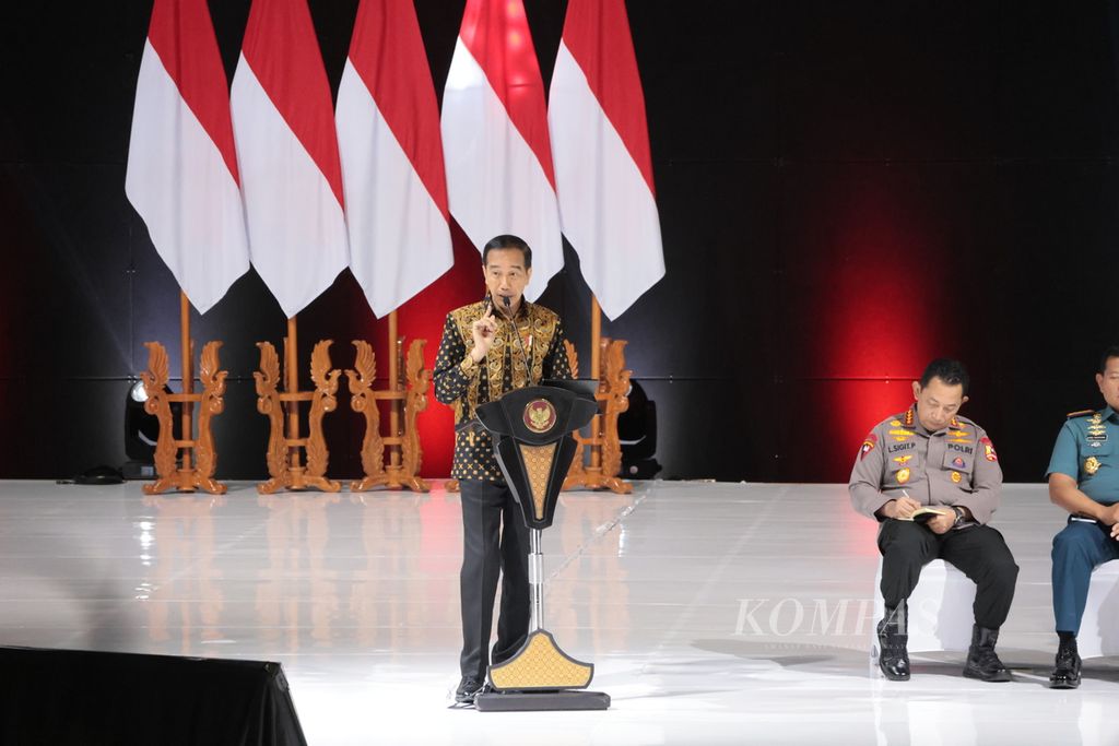 Presiden Joko Widodo saat hadir dalam rapat koordinasi Forkopimda di Sentul, Kabupaten Bogor, Jawa Barat, Selasa (17/1/2023). 