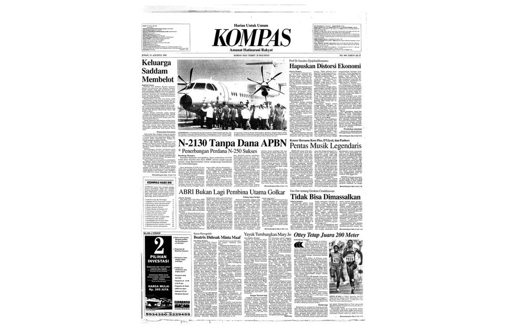 Pesawat N-250 buatan PT Industri Pesawat Terbang Nurtanio sukses terbang perdana pada Kamis (10/8/1995) dan mendarat di Bandara husein Sastranegara, Bandung, Jawa Barat. Berita tayang di Harian Kompas, edisi 11 Agustus 1995