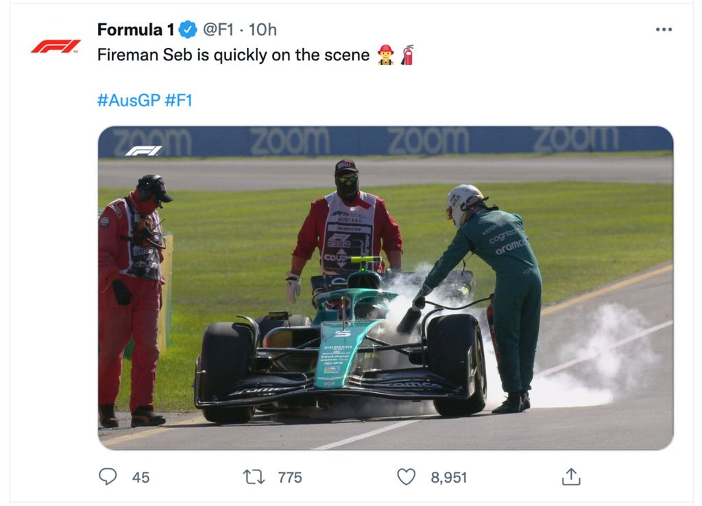 Tangkapan layar dari akun Twitter resmi Formula 1 menampilkan foto pebalap Aston Martin, Sebastian Vettel, sedang memadamkan kebakaran pada mobilnya di Sirkuit Albert Park, Australia, setelah latihan pertama, Jumat (8/4/2022).