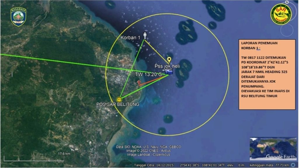 Peta ditemukannya korban pertama dan juga titik diduga helikopter jatuh di perairan Manggar, Kabupaten Belitung Timur, Provinsi Kepulauan Bangka Belitung, Senin (28/11/2022).