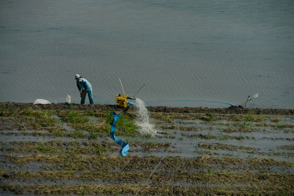 Petani memompa air untuk mengaliri lahan sawahnya yang akan diolah di Kecamatan Kaliwungu, Kabupaten Kendal, Jawa Tengah, Selasa (10/6/2020). Banyak lahan persawahan di kawasan tersebut berbatasan langsung dengan area indsutri yang berpotensi menurunkan produktivitas pertanian.