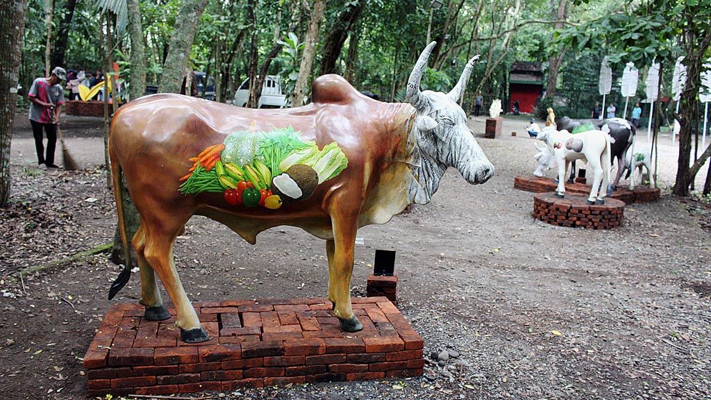 Patung-patung sapi karya Budi Ubrux diberi judul Rajakaya dalam Pameran Rendheng di Plataran Djokopekik, Bantul, Yogyakarta, 29 Desember 2017 hingga 29 Januari 2018.