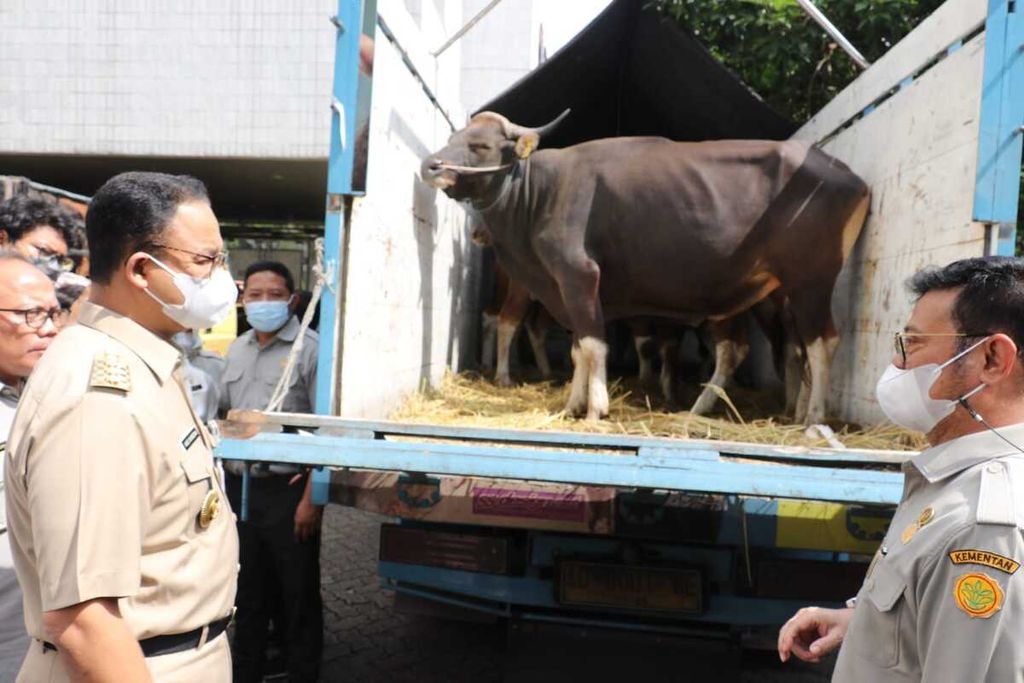 Gubernur DKI Jakarta Anies Baswedan dan Menteri Pertanian Syahrul Yasin Limpo (kanan) bekerja sama untuk memenuhi kebutuhan pangan dan hewan kurban menjelang Idul Adha, Senin (4/7/2022).