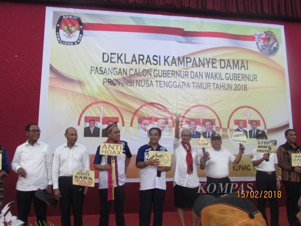 Empat pasangan calon gubernur dan wakil gubernur NTT, kecuali calon gubernur Marianus Sae, tidak menghadiri deklarasi kampanye damai di Kupang, Kamis (15/2/2018).