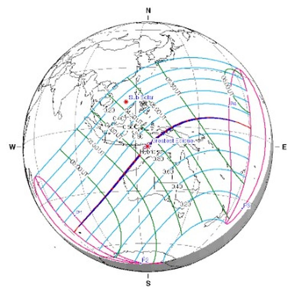 Jalur lintasan gerhana Matahari hibrida 20 April 2023 (jalur biru tengah) yang terentang dari selatan Samudra Hindia, ujung barat Australia, sisi timur Timor Leste, Indonesia bagian timur, dan berakhir di barat Samudra Pasifik.