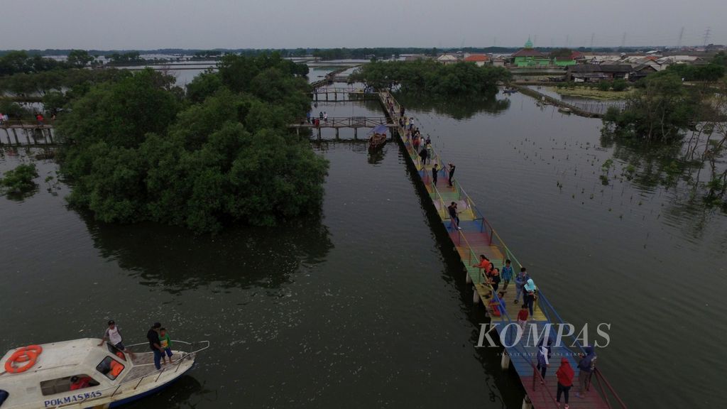 Jembatan Cinta, salah satu daya tarik tujuan wisata Mangrove, Tarumajaya, Kabupaten Bekasi, Jawa Barat, Kamis (11/5/2017). Wisata ini menawarkan panorama mangrove, wisata air, perkampungan nelayan dan ada pasar ikan.
