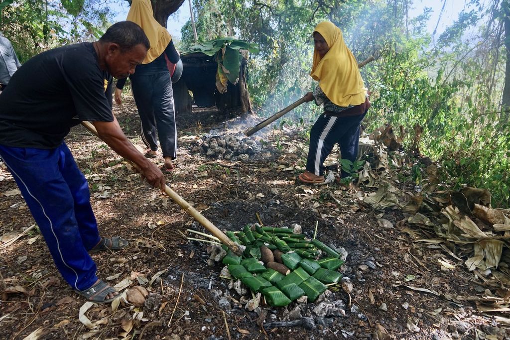 Olahan ubi, singkong, dan pisang yang akan menjadi tombole diletakkan di batu panas, di Desa Pajam, Kaledupa Selatan, Wakatobi, Sulawesi Tenggara, Selasa (29/8/2023). Tombole adalah hasil olahan pangan lokal dengan proses bakar batu.