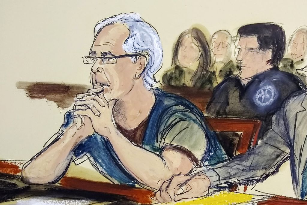 Sketsa di ruang pengadilan bergambar Jeffrey Epstein yang tengah mengikuti persidangan di pengadilan federa; di New York, AS, 15 Juli 2019. 