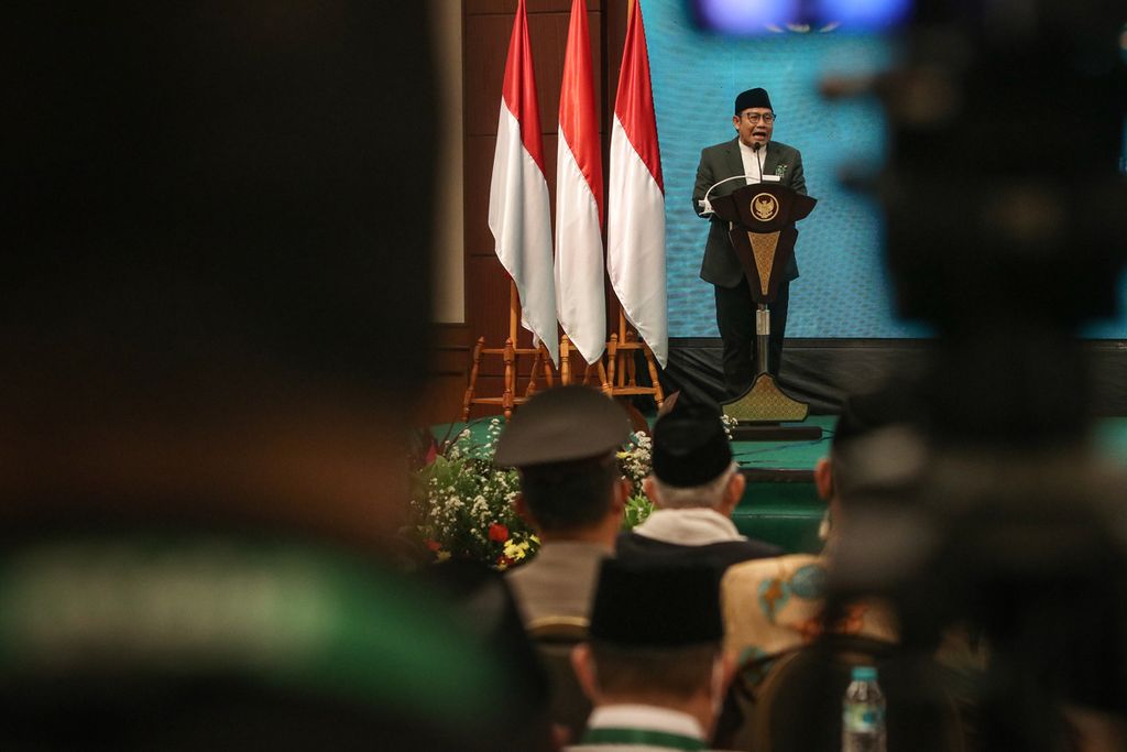 Ketua Umum Partai Kebangkitan Bangsa Muhaimin Iskandar berpidato dalam acara pembukaan Ijtima' Ulama Nusantara di Hotel Millennium, Jakarta, Jumat (13/1/2023). 