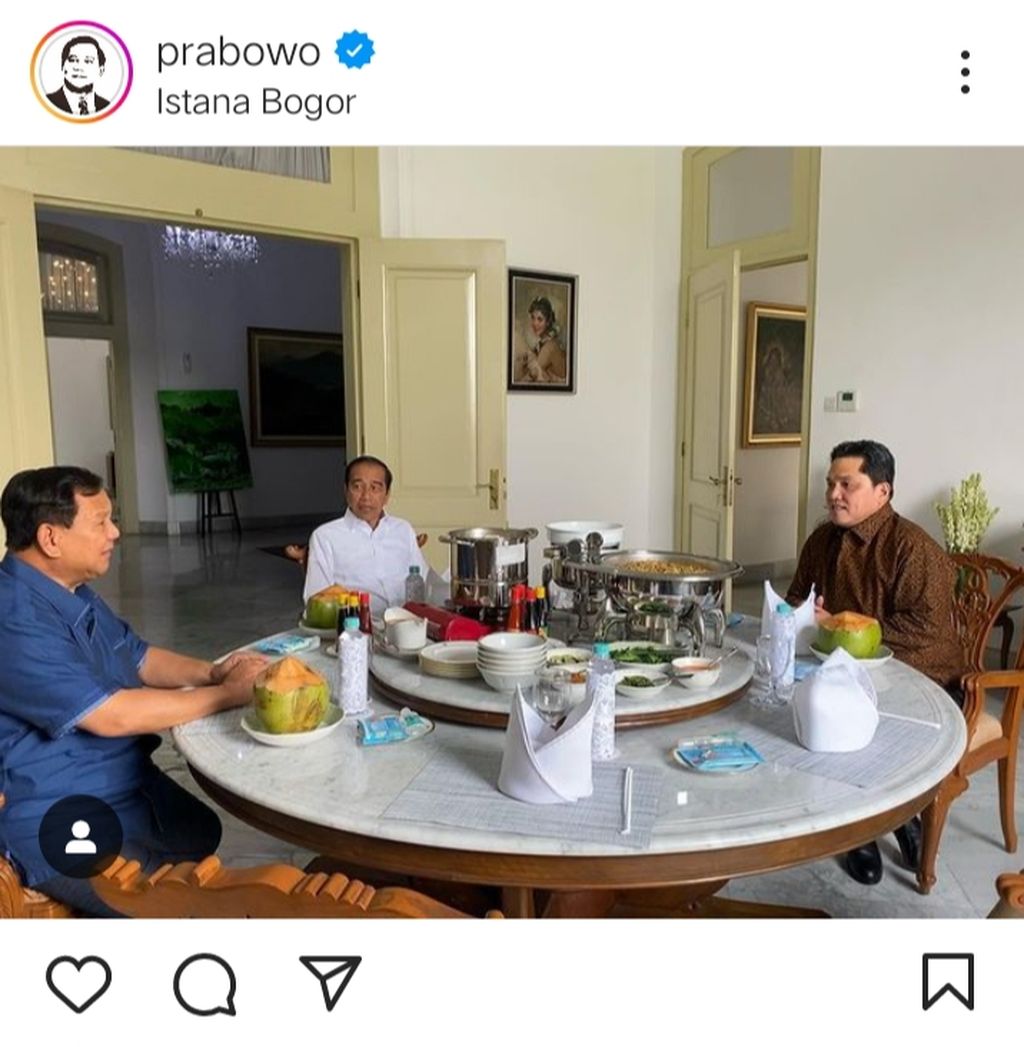 Kebersamaan Presiden Joko Widodo, Menhan Prabowo Subianto, dan Menteri BUMN Erick Thohir saat makan bersama, di Istana Kepresidenan Bogor, Minggu (16/7/2023).
