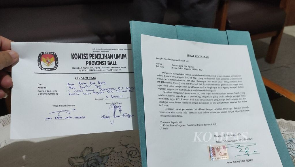 Surat pengunduran diri dari seorang bakal calon anggota DPD RI perwakilan Bali yang diterima KPU Provinsi Bali, Minggu (5/2/2023).