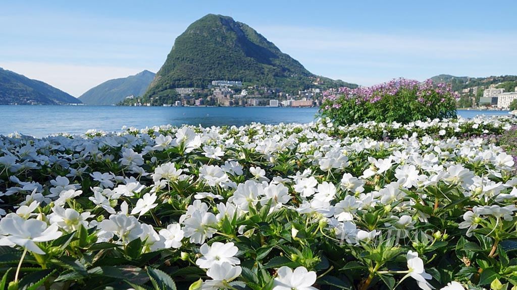 Danau Lugano dilihat dari taman kota Parvico Civico, Swiss, pada pertengahan Juni tahun 2018. Wisata alam dan petualangan menjadi jualan pariwisata Swiss.
