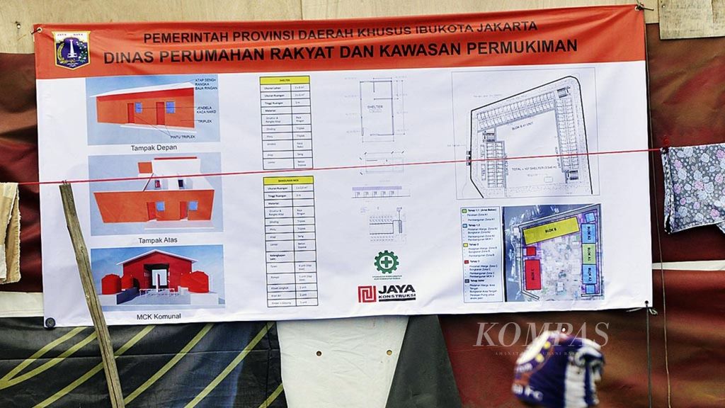 Gambar desain shelter atau penampungan sementara yang saat ini sedang dibangun di Kampung Akuarium, Penjaringan, Jakarta Utara, Senin (8/1). 