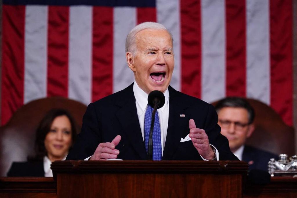 Presiden Amerika Serikat Joe Biden menyampaikan pidato kenegaraan di Capitol, Washington DC, AS, Kamis (7/3/3024). 