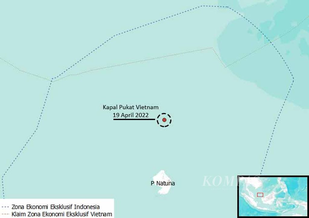 Posisi Kapal Ikan Vietnam berdasarkan video yang diambil nelayan di Laut Natuna Utara, Natuna, Kepulauan Riau, pada 19 April 2022.