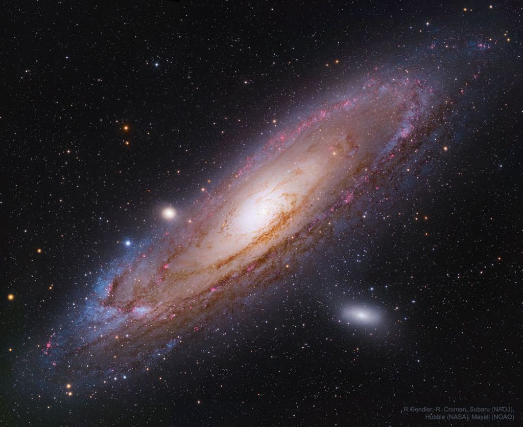 Galaksi Andromeda adalah galaksi tetangga terdekat dari Bimasakti yang berjarak 2,5 juta tahun cahaya. Galaksi ini terentang sejauh 200.000 tahun cahaya dan memiliki sekitar 1 triliun bintang. Galaksi ini mirip dengan Bimasakti karena terbentuk dari gabungan dan tabrakan dengan galaksi lain di masa lalu. Pada 4,5 miliar tahun mendatang, galaksi Andromeda dan Bimasakti akan bertabrakan dan membentuk galaksi baru yang dinamai Milkomeda.