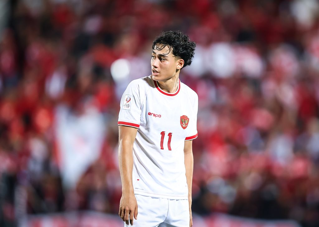 Pemain Indonesia Rafael Struick saat melawan Korea Selatan pada pertandingan perempat final Piala Asia U-23 2024 di Stadion Abdullah bin Khalifa, Doha, Qatar, Jumat (26/4/2024) dini hari WIB. Indonesia mengalahkan Korea Selatan melalui adu tendangan penalti. 