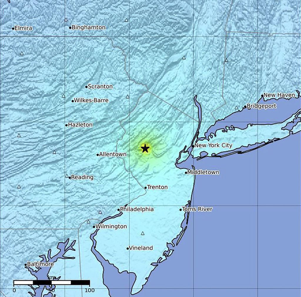 Gambar dari Survei Geologi AS ini menunjukkan episentrum gempa di Pantai Timur AS pada 5 April 2024. 