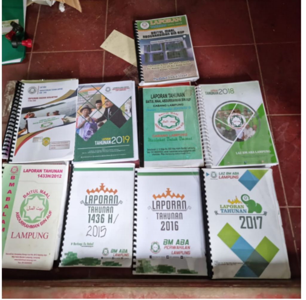 Sejumlah laporan tahunan lembaga pendanaan kelompok teror Jamaah Islamiyah, Lembaga Amil Zakat Baitul Maal Abdurrahman bin Auf cabang Lampung.