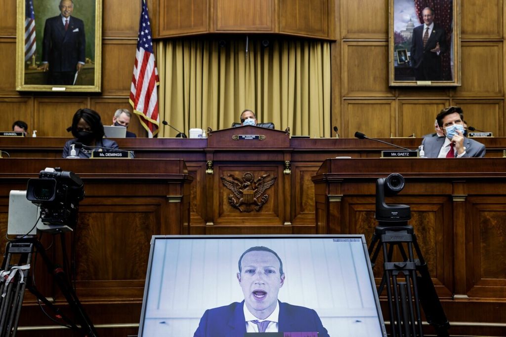 CEO Facebook Mark Zuckerberg memberikan kesaksian di hadapan Subkomite Kehakiman DPR untuk Hukum Antimonopoli, Komersial, dan Administratif tentang  Washington DC, AS, 29 Juli 2020.