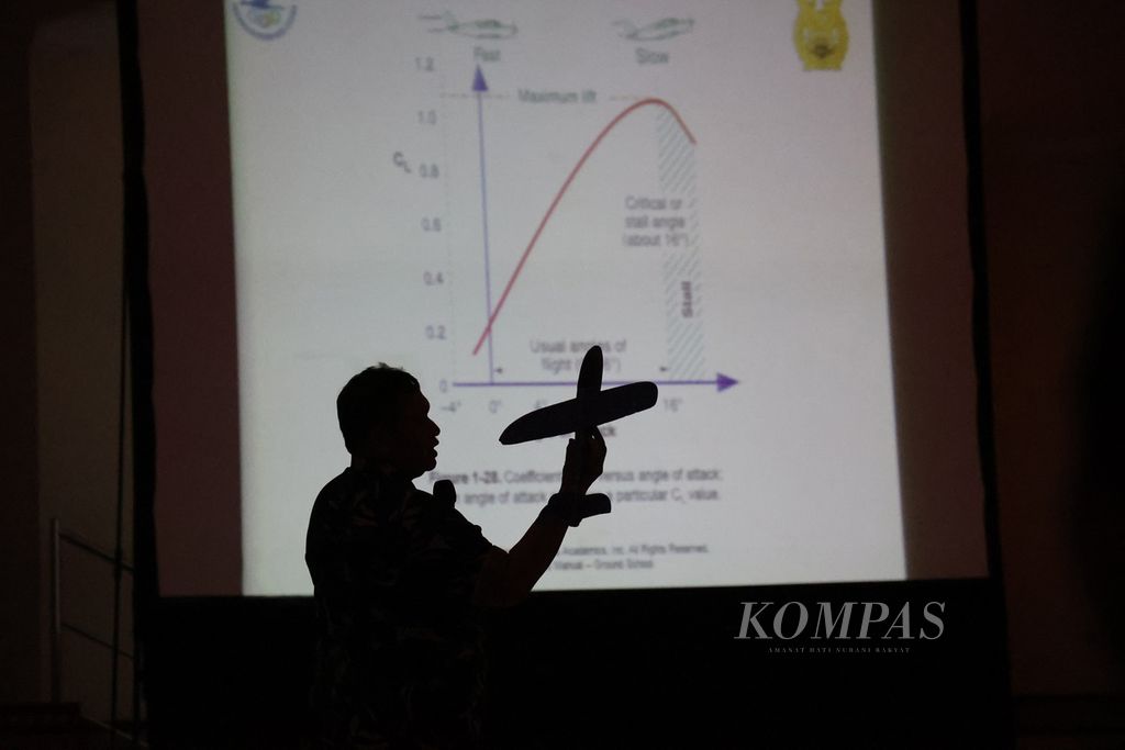 Paban II/Puanpotdirga Spotdirga Kolonel (Pnb) R Agung Sasongko Jati menyampaikan penjelasan tentang teori dasar aerodinamika kepada peserta pelatihan sertifikasi pilot<i> drone</i> di kompleks Pangkalan Udara TNI Angkatan Udara Iswahjudi, Madiun, Jawa Timur, akhir Januari 2022.