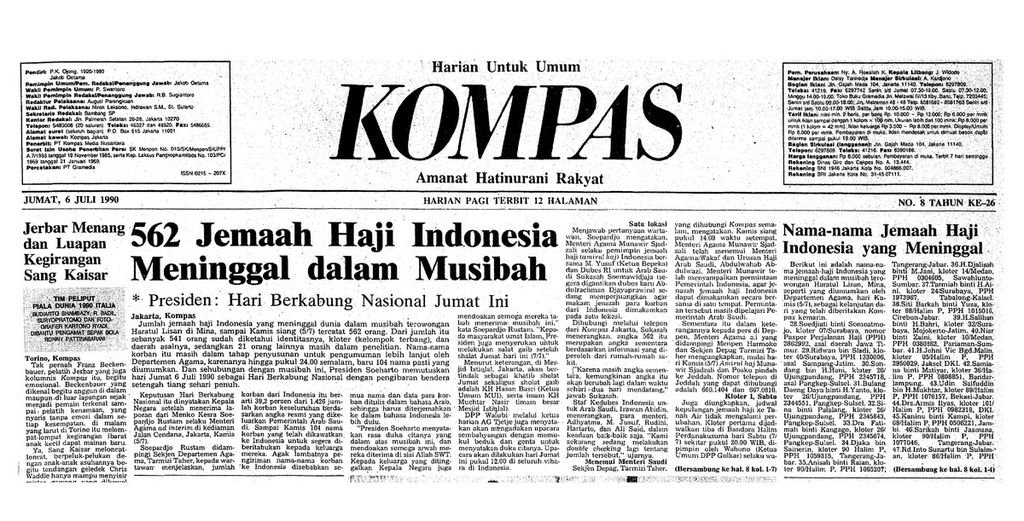 Berita halaman pertama Kompas tertanggal 6 Juli 1990 tentang musibah robohnya terowongan di Mina, Arab Saudi, yang banyak menewaskan jemaah haji asal Indonesia.